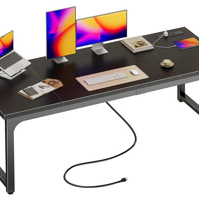 Huuger 63 x 24 inch Desk with Power Outlets & USB-C, Deeper & Thicker Desktop, Robust Metal Tubes, Computer Desk, Heavy Duty Office Desk, Work Gaming Desk, for Home Office, Black