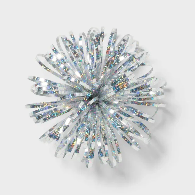 5" Tinsel Pom Gift Bow Silver - Spritz™