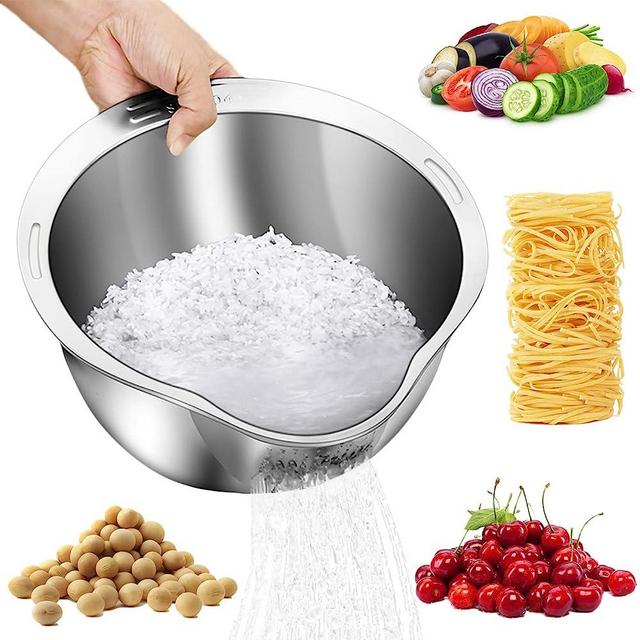 Rice Washing Bowl with Strainer - 4-in-1 Washer and Strainer Bowl for Quinoa, Stainless Steel Side Drainers Colander for Cleaning Fruits, Vegetables, and Beans - Versatile Kitchen Tool