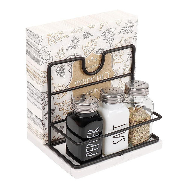 Livabber Napkin Holder with Marble Base, Metal Napkin Holder with Salt and Pepper Shakers Caddy Modern Napkin Dispenser for Table Kitchen Countertop, Not Including Salt and Pepper Shakers (Black)