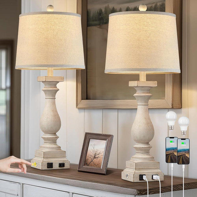 MOUVOVO 28" Tall Farmhouse Table Lamps Set of 2 with USB C+A Ports and AC Outlet, 3 Way Touch Control Rustic Bedside Lamp for Bedroom, Beige Vintage Nightstand Lamp for Living Room Office