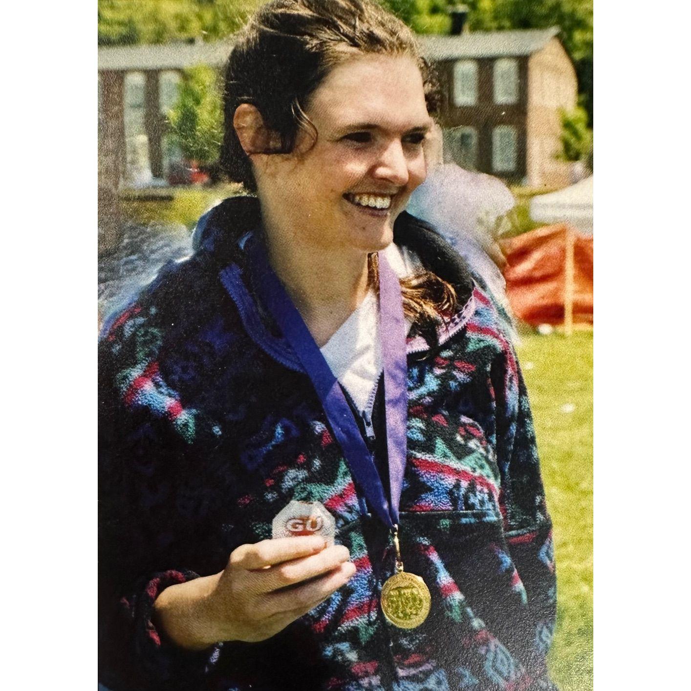 A medal to prove she finished the Burlington, VT marathon. Heck of a job!
