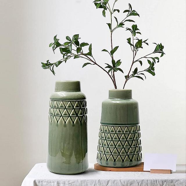 LIZOFER Modern Ceramic Vase Set of 2 for Living Room Bedroom 10.6'' and 8.5'' Flower Vases for Home Decor Office Centerpieces Vintage Antique Green Farmhouse Rustic Minimalist Gift for Fake Plants