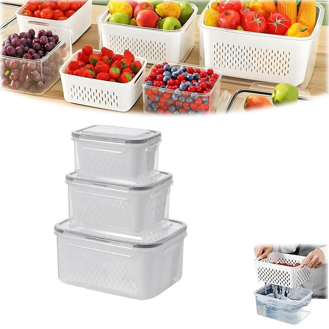 SSKFHGI Fruit Storage Containers for Fridge, 4 in 1 Food Storage Container, Produce Storage Containers with Lid and Strainer, Including Drain Basket, Multipurpose Large Fruit Containers for Fridge