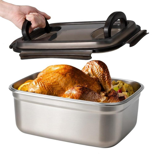QCQHDU Stainless Steel Food Storage Containers, 7500 ML/ 254 oz / 32 Cup Large Food Storage Meal Prep Containers with Airtight Lids for Roasting Turkey, Chicken, Baking Casserole, Fruits, Party
