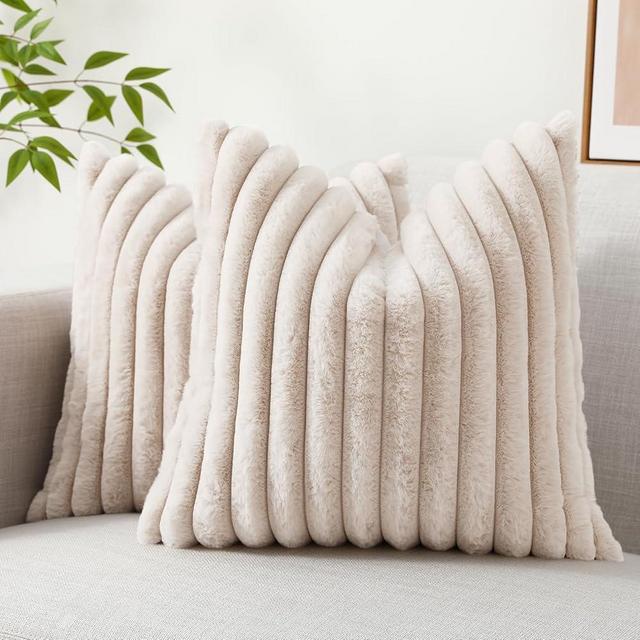 decorUhome Faux Fur Throw Pillow Covers 18x18 Set of 2, Decorative Soft Plush Striped Couch Pillow Covers with Velvet Back for Sofa, Bed, Living Room, Beige