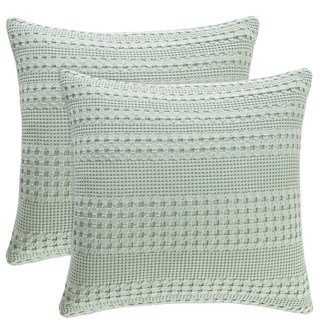 PHF 100% Cotton Waffle Weave Pillow Covers 24" x 24", 2 Pack Luxury Square Shell for Elegant Home Decor, No Filling, Luxury Aesthetic Soft Pillow Covers for Bed, Sage Green