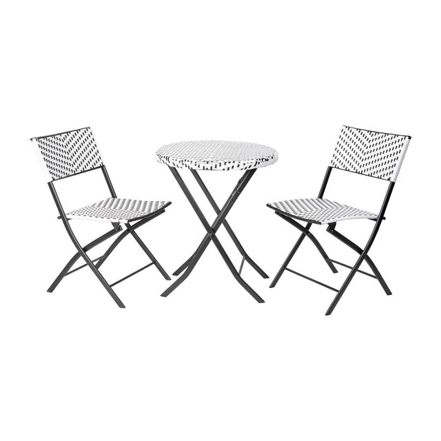 Flash Furniture Rouen Three Piece Commercial Foldable Bistro Set, Indoor/Outdoor PE Rattan Back, Seat and Table Top, Black/White w/ Black Steel Frame