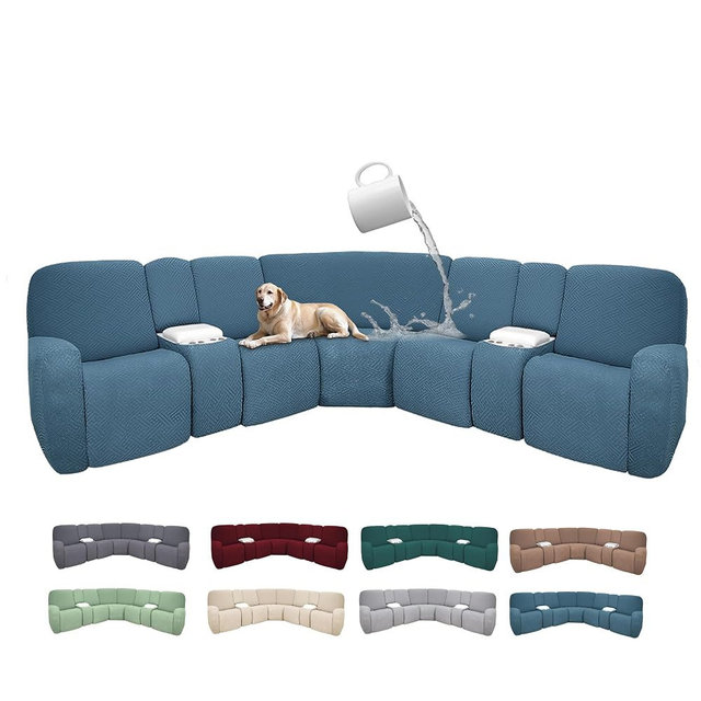 ROFASVCO 100% Waterproof Sectional Recliner Couch Covers for Reclining Couch L Shaped Corner Sectional Sofa Cover Jacquard Stretch L Shape Recliner Slipcovers (5 Seater 2 Console Cover, Cyan Blue)