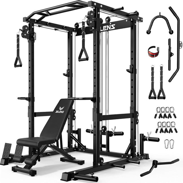 JELENS C12 Squat Rack for Home Gym, 2000LBS Power Rack with Adjustable Pulley System, Power Cage Workout Equipment with LAT Pulldown and Training Attachment