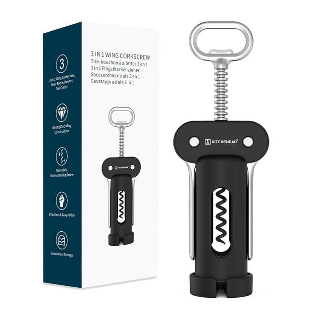 KITCHENDAO 3 in 1 Wing Corkscrew Wine Bottle Opener with Foil Cutter, Built-in Beer Bottle Opener, Multifunctional Wine Opener with Non-Stick Sharp Screw,Easy to Use, Manual Wine Corkscrew，Black