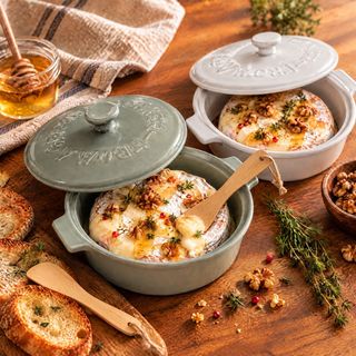 2-Piece Round Lidded Stoneware Brie Bakers with Wood Spreaders