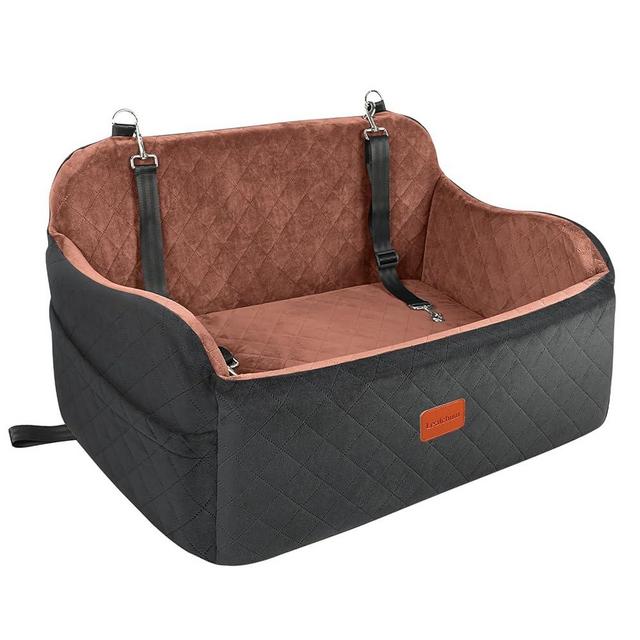 Lealchum Dog Car Seat for Large Dogs,Soft Fabric Pet Travel Car Bed Filling Memory Foam,Two Clip-On Safety Leashs Car Seat for Dogs,Removable and Washable Comfy Dog Car Seat (Black/Brown, Large)