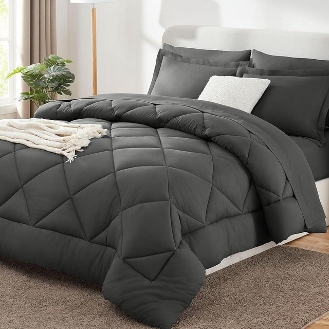 CozyLux Oversized King Comforter Set Dark Grey, 7 Pieces Bed in a Bag Comforter Set with Sheets Luxury Bed Set for All Seasons, Bedding Set with Down Alternative Comforter, Sheets, Pillowcases & Shams