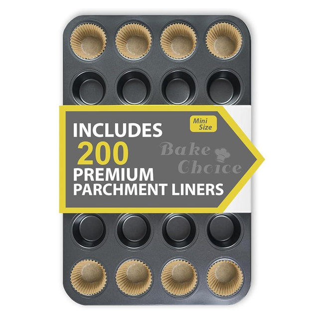 Bake Choice Mini Muffin Pan includes 200 Natural Mini Cupcake Liners, Mini Cupcake Pans Nonstick 24 Cup, Mini Muffin Tin, Carbon Steel Baking Supplies