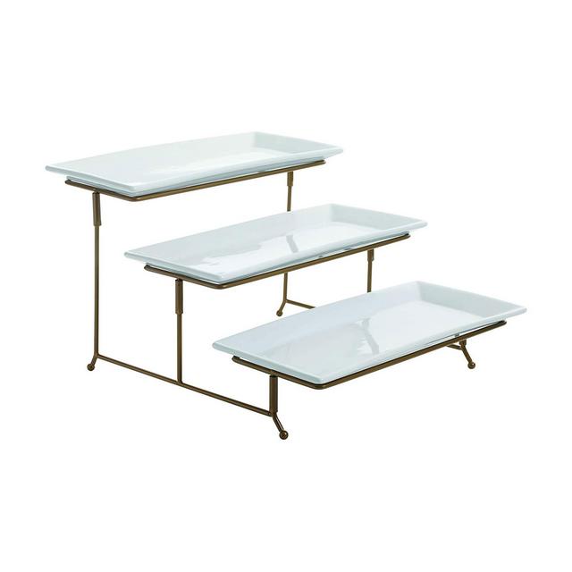Gibson Gracious Dining Ceramic 3 Tier Rectangular Serving Platter, Appetizer Dessert Stand, Food Server Tray Display, Gold