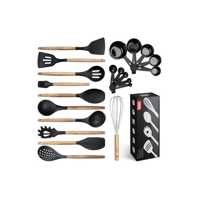 Kaluns Kitchen Utensils Set, 21 Piece Wood and Silicone, Cooking Utensils, Dishwasher Safe and Heat Resistant Kitchen Tools, Black