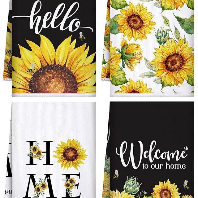 Bencailor 4 Pcs Sunflower Flower Spring Kitchen Towels Summer Beach Mother's Day Lemons Floral Cat Home Kitchen Dish Towels Fast Drying Kitchen Decor for Cooking,16 x 24 Inch(Yellow, Bee)