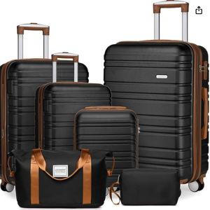 LARVENDER Luggage Sets 6 Piece, Expandable Hardside Carry on Suitcase Set with Spinner Wheels, Lightweight Rolling Luggage Sets for Women with TSA Lock, Black
