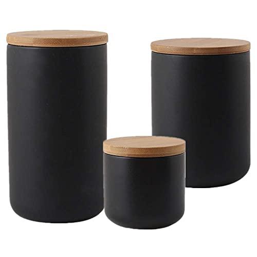 One-Pine 3-Pack Air Tight Jars Ceramic Food Storage Jar Set with Airtight Seal Bamboo Lid - 260ml/800ml/1000ml Tea,Sugar,Coffee,Spice Canister Set (Black)