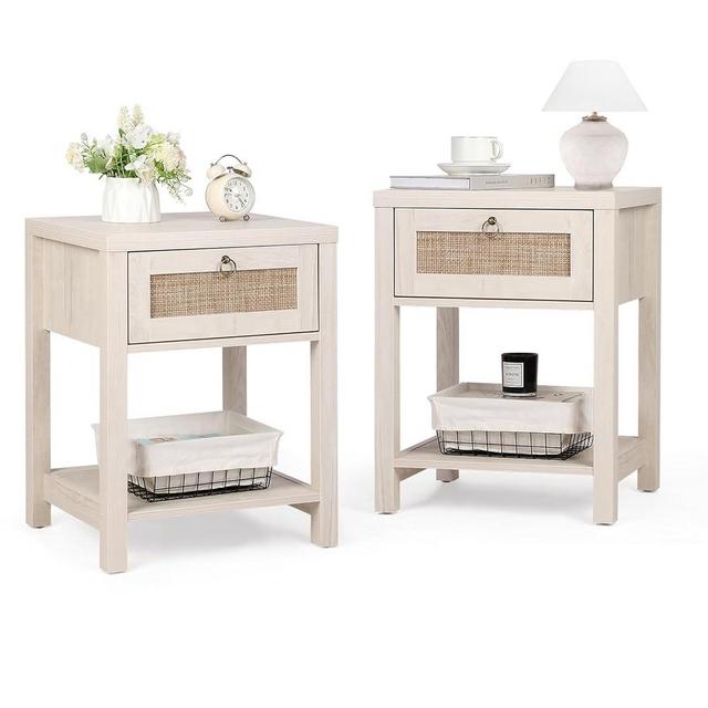 VOWNER 2 PCS White Rattan Nightstand Set of 2, Wood Night Stand with Vintage Metal Pull Handle, Bedside Table Boho End Tables Side Tables with Storage Shelf, for Bedroom