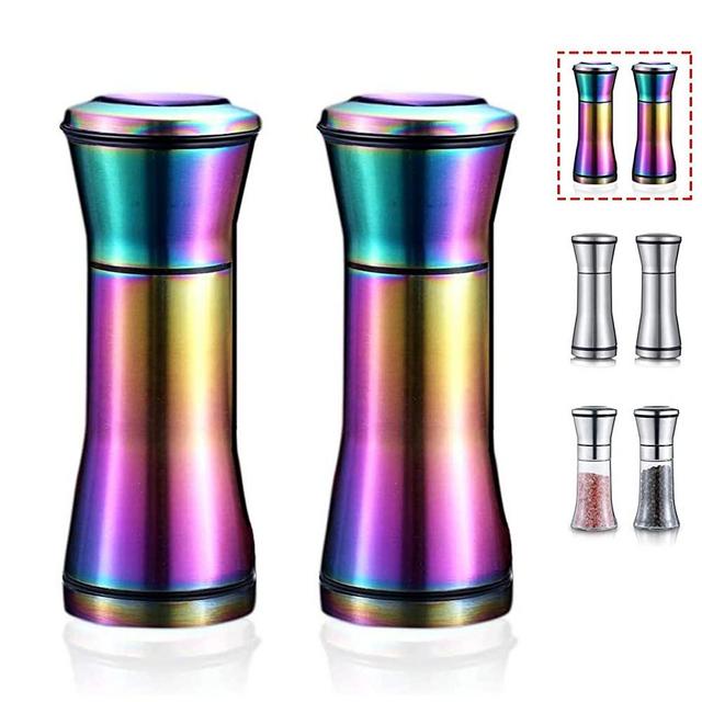 Kyraton Rainbow Salt and Pepper Shakers, Titanium Plating Stainless Steel Salt and Pepper Grinders Refillable Pepper Grinder, Pepper Mill, Salt Grinder, Salt Shaker, Salt Pepper Shaker Set of 2