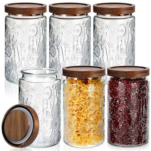 Domensi 6 Pcs Vintage Glass Jars 34 oz Glass Storage Jars with Lids Sunflower Pattern Airtight Storage Containers for Kitchen Counter Pantry Coffee Bean Grains Tea Sugar Flour Candy Oats