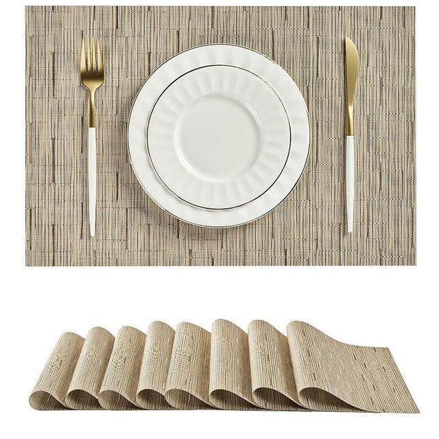Leetaltree Light Brown Placemats Set of 8 - Heat Resistant Non-Slip Place mats for Dining Table, Washable Durable PVC Vinyl Woven Table Mats（Light Brown, 8）
