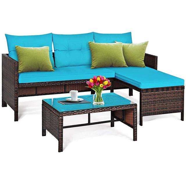 Tangkula Patio Corner Sofa Set 3 Piece, Outdoor Rattan Sofa Set, Includes Lounge Chaise, Loveseat & Coffee Table, Patio Garden Poolside Lawn Backyard Furniture (Turquoise)