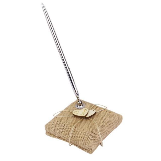 EBTOYS Vintage Burlap Wedding Reception Guest Pen with Stand Wooden Hearts Embellished Wedding Reception Party Table Decor