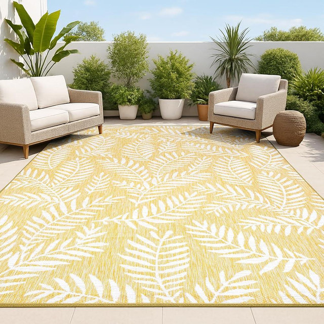 JONATHAN Y SMB119C-8 Nevis Palm Frond Indoor Outdoor Area Rug, Coastal Casual Country & Floral Easy Cleaning,Bedroom,Kitchen,Backyard,Patio,Non Shedding, 8 X 10, Yellow/Cream