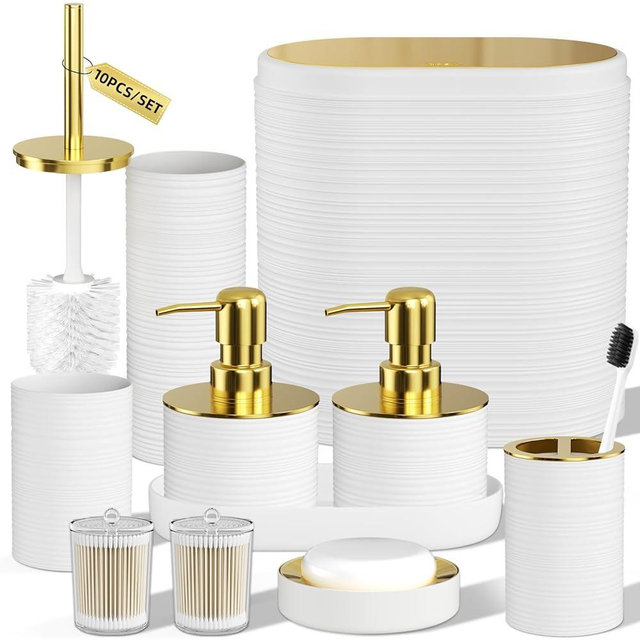 InnJoey Bathroom Set, 10PC Bathroom Accessory Set, White Bathroom Accessories, White and Gold Bathroom Set with Trash Can, Soap Dispensers