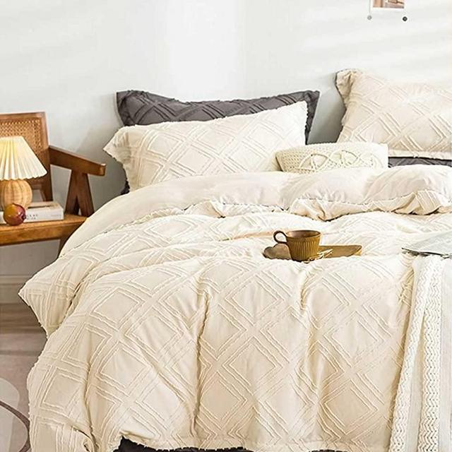 Nanko Queen Comforter Set Beige Tufted Jacquard Boho Geometry Soft Shabby Chic Down Alternative Microfiber Bedding - All Season Duvet Modern Farmhouse Bed Sets Women Men Size 90 x90 3pc Cream Tan