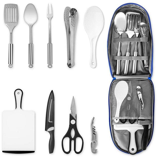 Portable Camping Kitchen Utensil Set, Stainless Steel Outdoor Cooking and Grilling Utensil Organizer Travel Set Perfect for Travel, Picnics, RVs, Camping, BBQs, Parties and More (9Pcs or 27Pcs)