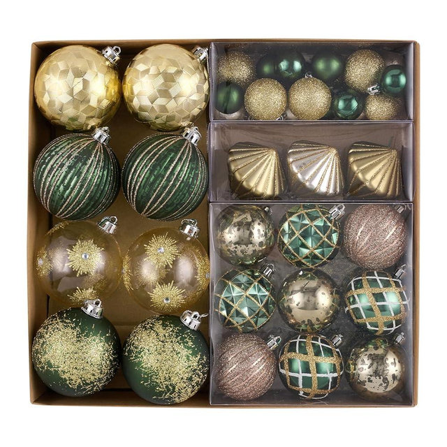 DecorbyHannah 60ct Christmas Ornaments Set, Green Gold Christmas Tree Decorations, Shatterproof Decorative Geometric Christmas Ball Ornaments for Xmas Tree, Modern Home Décor (Value Pack)