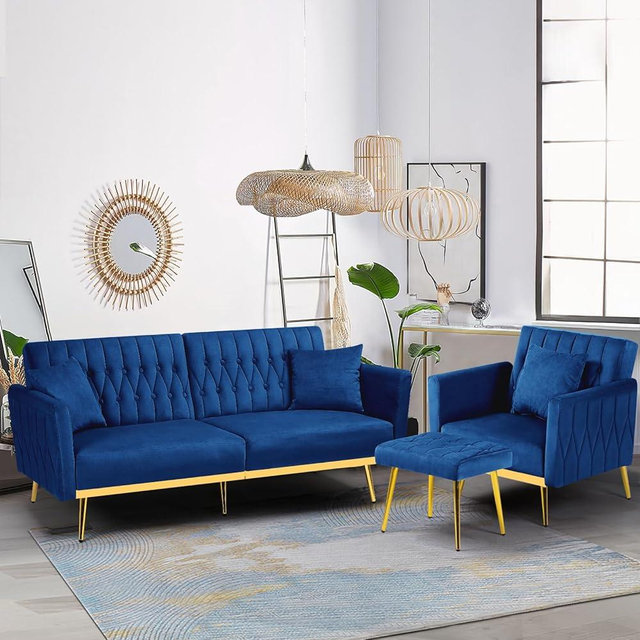 ACMEASE 2 Pieces Velvet Futon Sofa Set with Adjustable Backrests and Armrests, 70” Convertible Sofa Bed & Tufted Accent Chair with Ottoman for Living Room, Blue