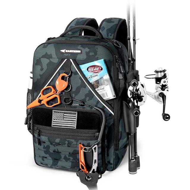 KastKing KarryAll KastMate Fishing Tackle Backpack,Water-Resistant Tackle Bag With 2 Rod Holders,Fishing Gear and Equipment With Large Gear Storage,Black Camo