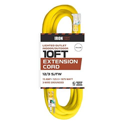 10 Foot Lighted Outdoor Extension Cord - 12/3 SJTW Heavy Duty Yellow Extension Cable with 3 Prong Grounded Plug for Safety - Great for Garden and Major Appliances