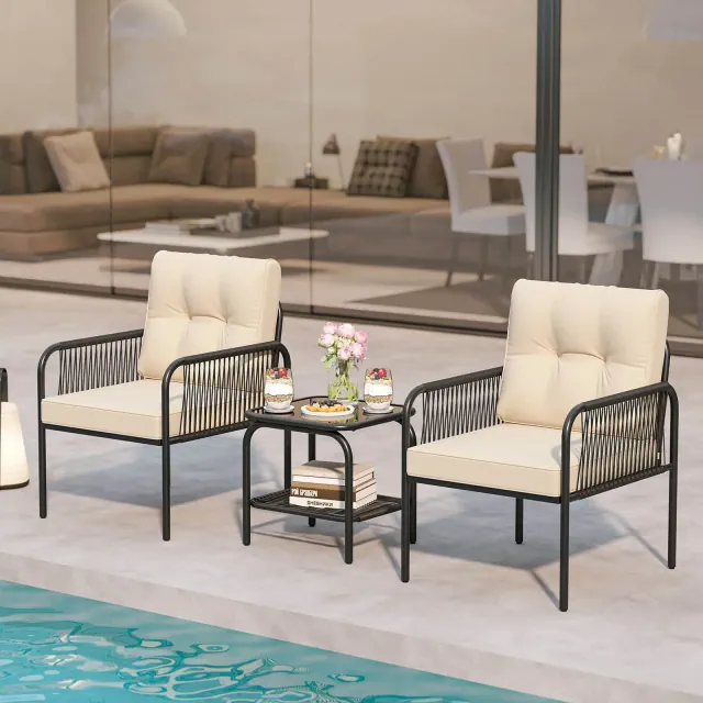 Costway 3 PCS Patio Bistro Set with Tempered Glass Table Chairs Back and Seat Cushions