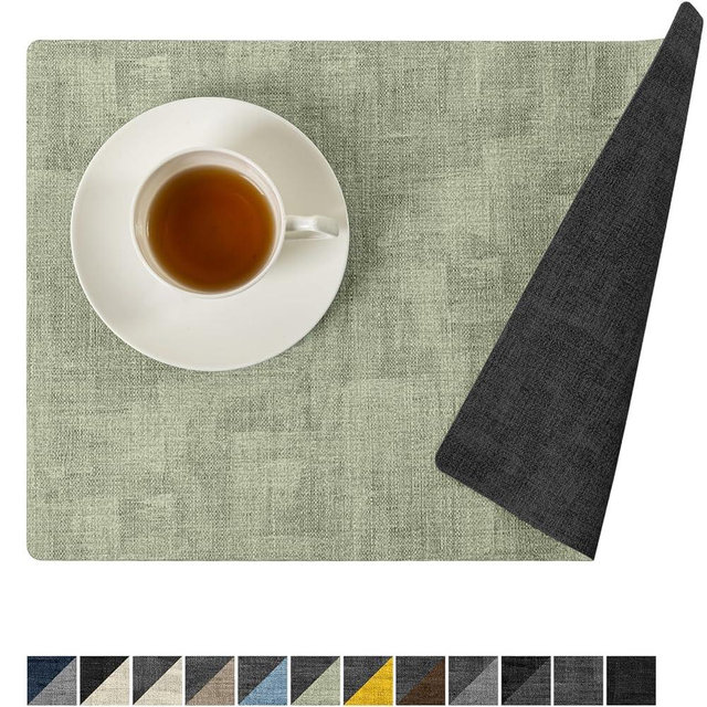 Romanstile Sage Green Placemats Set of 6-12x17 Inch, Vinyl Waterproof Washable Non Slip Table Mats, Reversible Heat Resistant Wipeable Table Placemats for Dining/Party/Indoor/Outdoor, Grey-Grass Green
