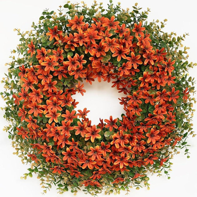 26" Fall Wreath for Front Door, Porch, Window - Large Artificial Eucalyptus Leaves with Fake Silk Flowers Outdoor Wreath Faux Boxwood for Home Farmhouse Harvest Festival Thanksgiving Day Autumn Decor