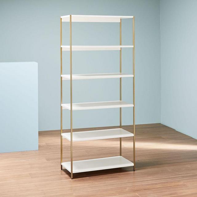 Zane Wide Bookshelf, White/Antique Brass