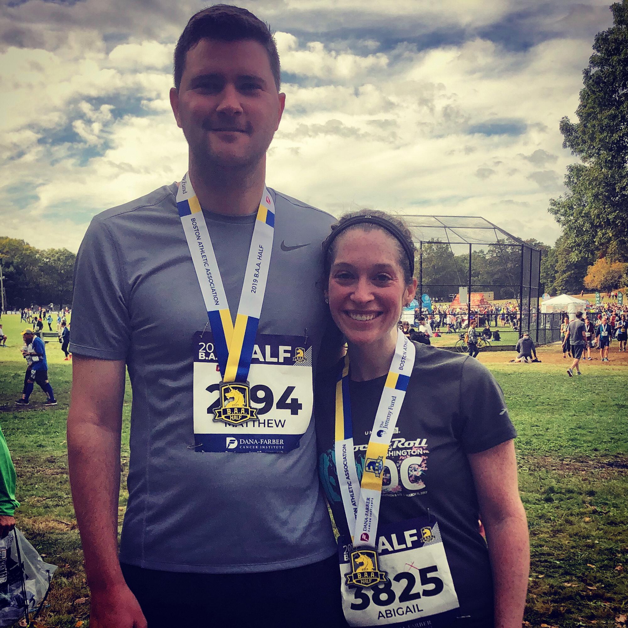 After finishing the Boston Half Marathon!  October, 2019