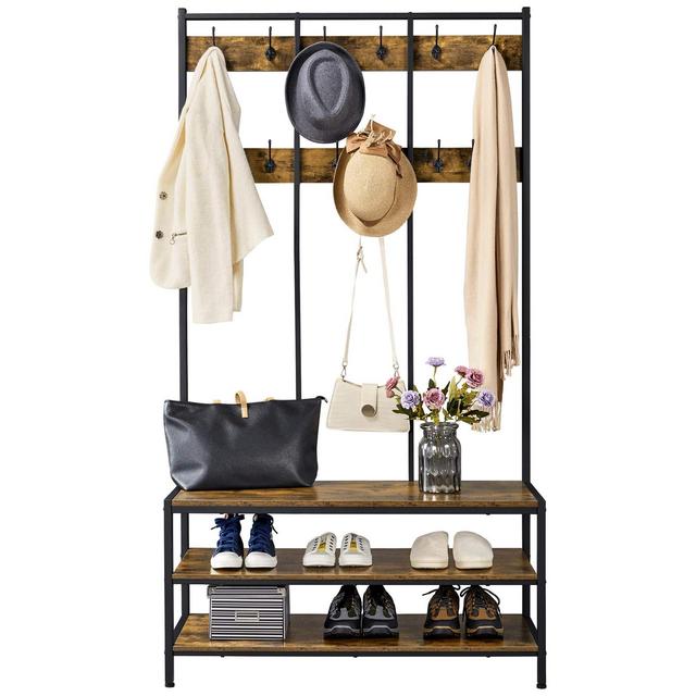 Coat Rack Shoe Bench 3-in-1 Hall Tree with 2 Shelves 24 Hooks, Entryway Large Hall Tree with Bench and Shoe Storage, Metal Frame, Rustic Brown