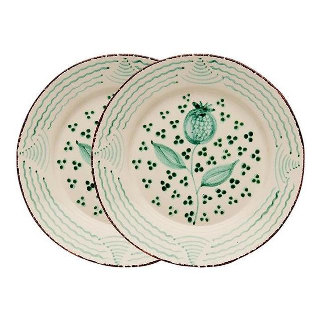 Casa Nuno Green and White Dinner Plates, Pomegranate/Waves, Set of 2