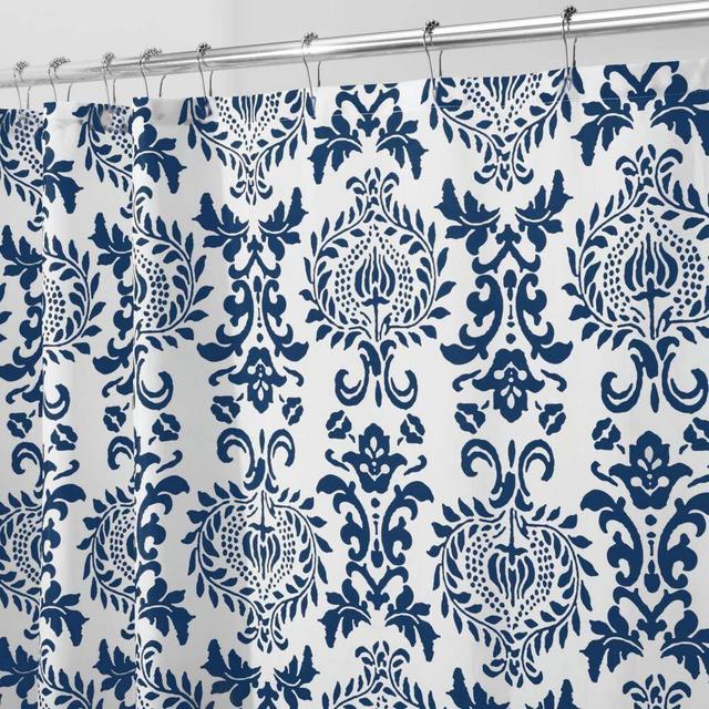 mDesign Long Decorative Damask Print - Easy Care Fabric Shower Curtain with Reinforced Buttonholes, for Bathroom Showers, Stalls and Bathtubs, Machine Washable - 72 x 84 - Navy Blue/White