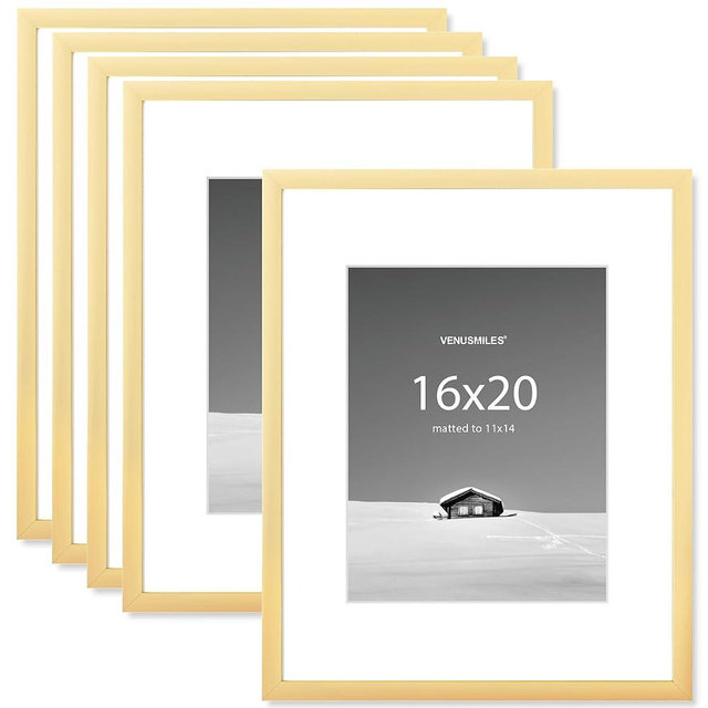 Venusmiles 16x20 inch Picture Frame, 16x20 Photo Frames with 11x14 Removable Mat - High Definition Plexiglass - Vertical and Horizontal Display - Wall Hanging Frame - Gold, 5 Pack