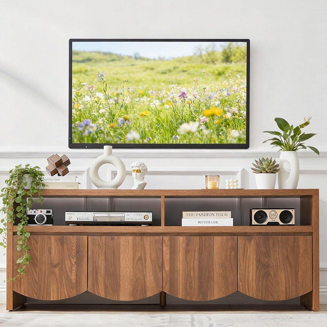 Matchelegant Farmhouse 60” TV Stand for Television Up to 70 Inch, Mid Century Tall Entertainment Center with 4 Storage Cabinets, Media Console with Open Shelves for Living Room, Bedroom