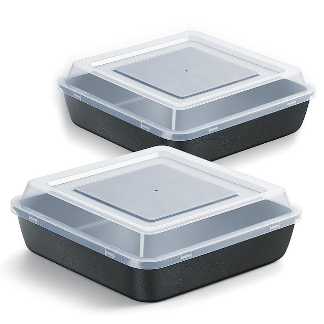 E-far 9x9 Inch Square Baking Pan with Lid Set, Nonstick Square Cake Pans Metal Bakeware for Oven Cooking Lasagna Brownies, Stainless Steel Core & Easy Release, 4 Pieces(2 Pans+2 Covers)