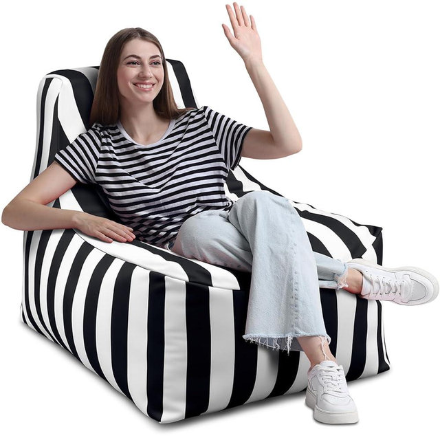 Briwooody 1 Pcs Black Outdoor Bean Bag Chair for Adults, Waterproof Patio Bean Bag Lounger with Washable Removable Cover, Striped Floor Chair for Balcony, Deck, Poolside, Boat, Marine, Garden (White)